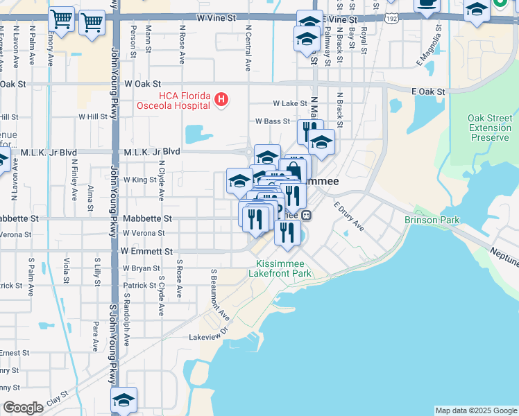 map of restaurants, bars, coffee shops, grocery stores, and more near 101 Church Street in Kissimmee