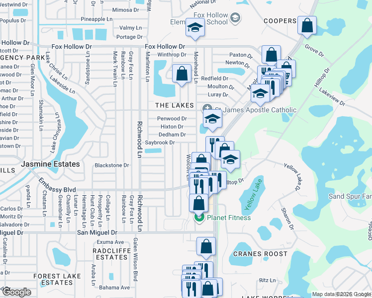 map of restaurants, bars, coffee shops, grocery stores, and more near 9433 Wolcott Lane in Port Richey