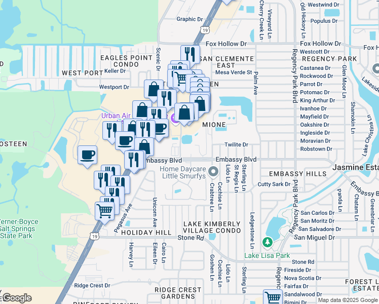 map of restaurants, bars, coffee shops, grocery stores, and more near 6647 Embassy Boulevard in Port Richey