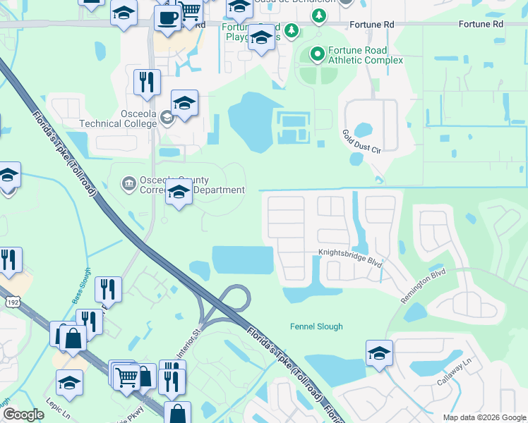map of restaurants, bars, coffee shops, grocery stores, and more near 2405 Ruddenstone Way in Kissimmee