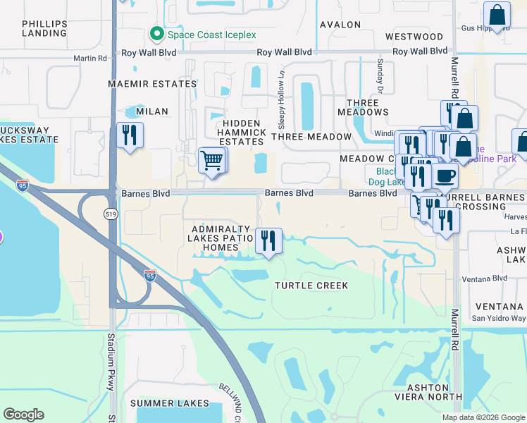 map of restaurants, bars, coffee shops, grocery stores, and more near 1214 Admiralty Boulevard in Rockledge