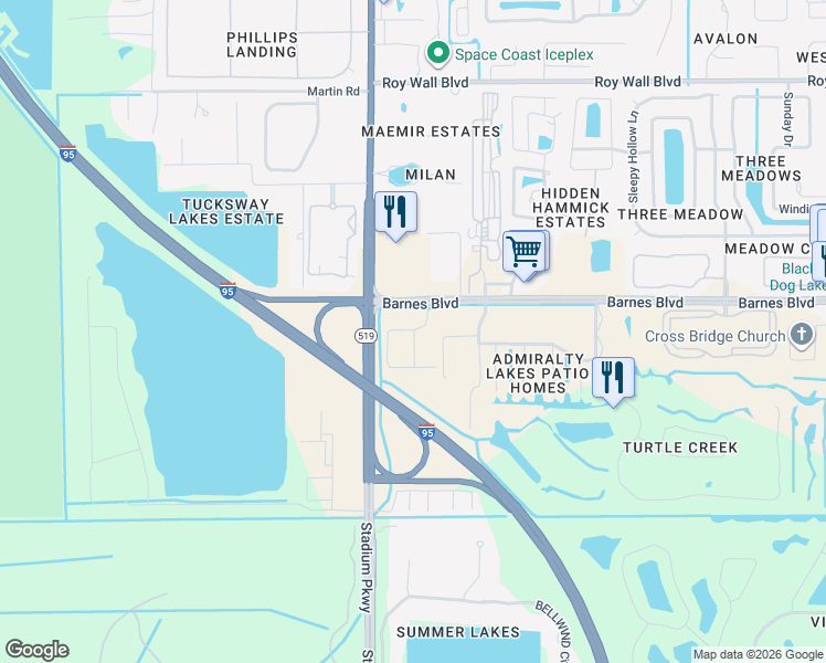 map of restaurants, bars, coffee shops, grocery stores, and more near 3843 DeQuattro Drive in Rockledge
