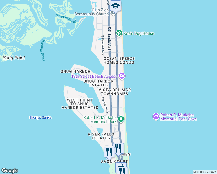 map of restaurants, bars, coffee shops, grocery stores, and more near 1335 Palmer Court in Cocoa Beach