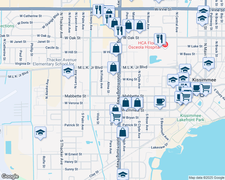 map of restaurants, bars, coffee shops, grocery stores, and more near 1220 West Sumner Street in Kissimmee