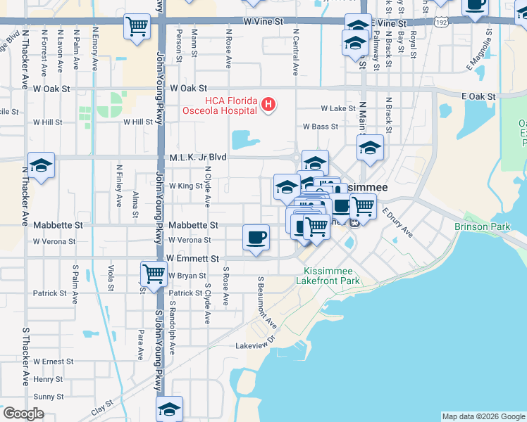 map of restaurants, bars, coffee shops, grocery stores, and more near 516 West Sumner Street in Kissimmee