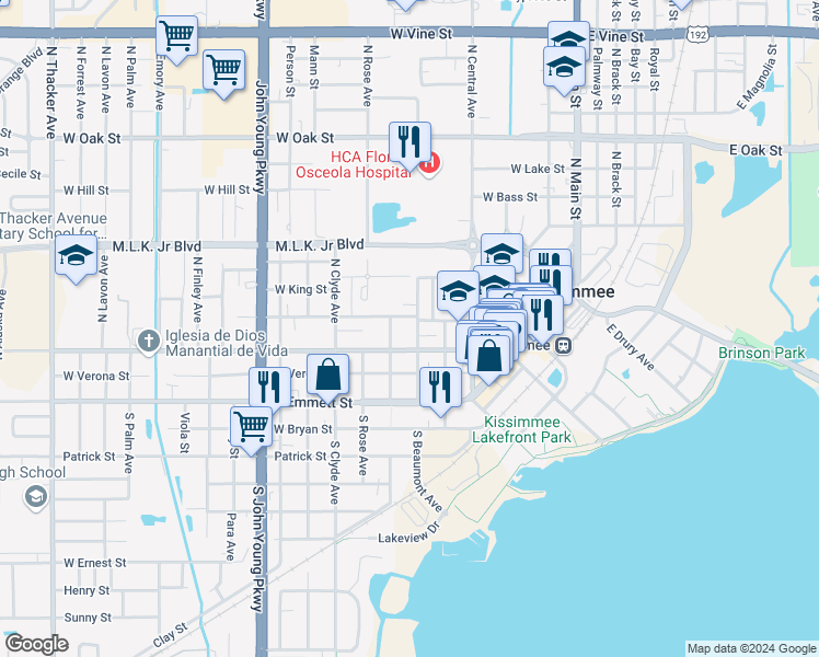 map of restaurants, bars, coffee shops, grocery stores, and more near 622 West Sumner Street in Kissimmee
