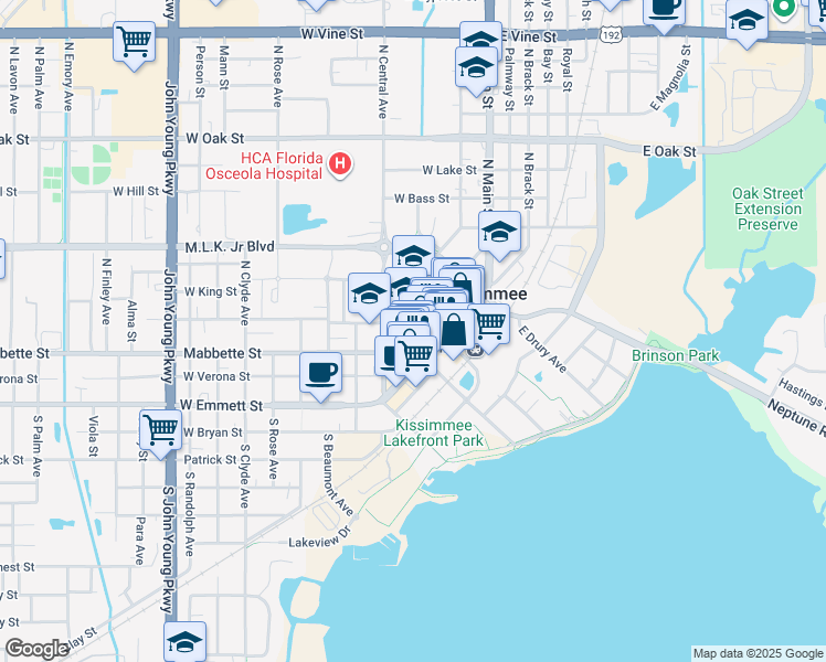 map of restaurants, bars, coffee shops, grocery stores, and more near 104 Church Street in Kissimmee