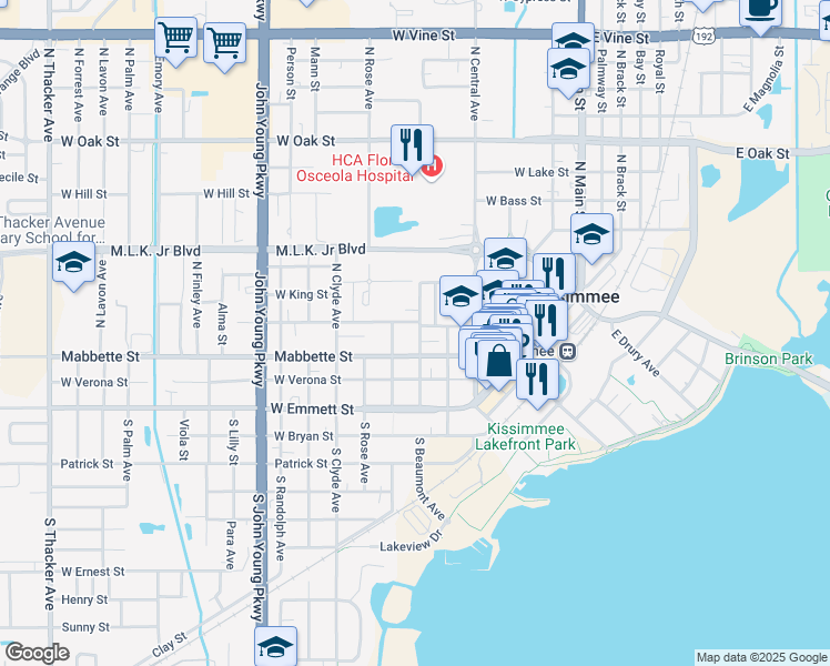 map of restaurants, bars, coffee shops, grocery stores, and more near 220 North Beaumont Avenue in Kissimmee