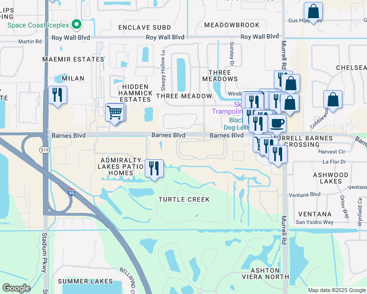 map of restaurants, bars, coffee shops, grocery stores, and more near 3848 Lexmark Lane in Rockledge