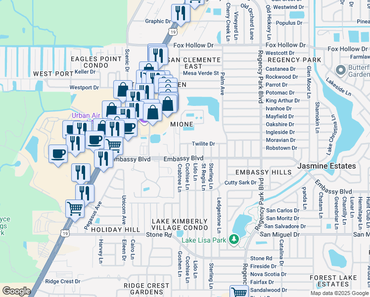 map of restaurants, bars, coffee shops, grocery stores, and more near 9421 Cochise Lane in Port Richey