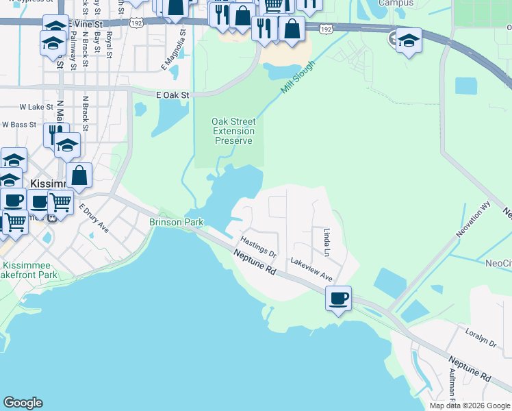 map of restaurants, bars, coffee shops, grocery stores, and more near 19 Westchester Drive in Kissimmee