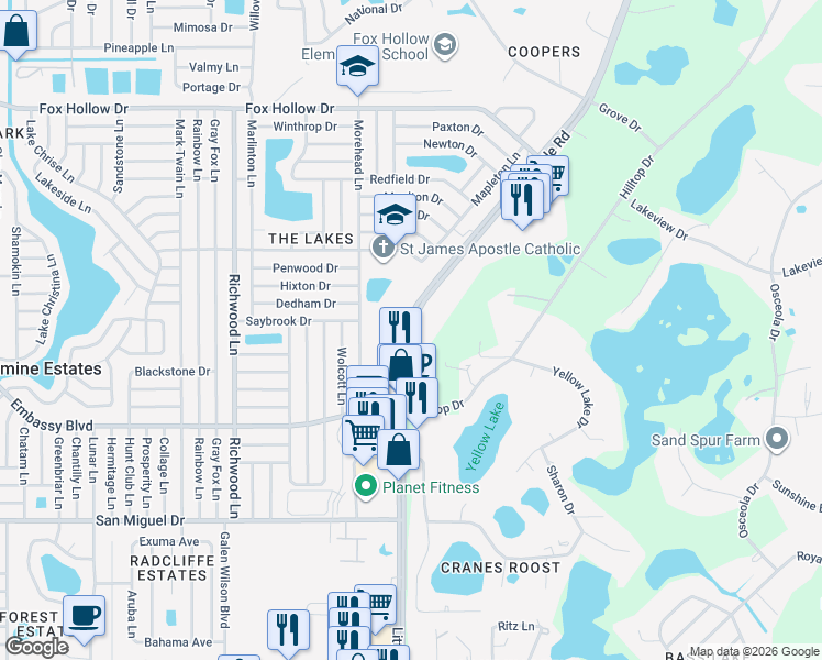 map of restaurants, bars, coffee shops, grocery stores, and more near 9300 Little Road in New Port Richey