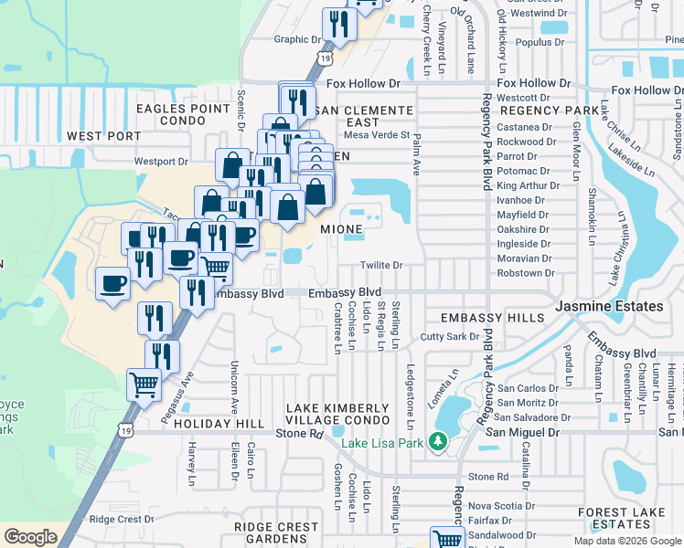 map of restaurants, bars, coffee shops, grocery stores, and more near 9425 Cochise Lane in Port Richey