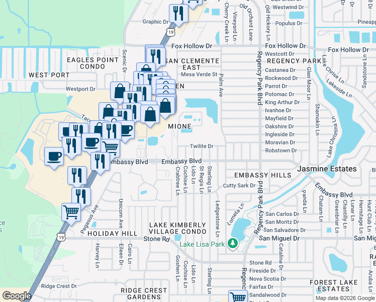 map of restaurants, bars, coffee shops, grocery stores, and more near 9425 Cochise Lane in Port Richey