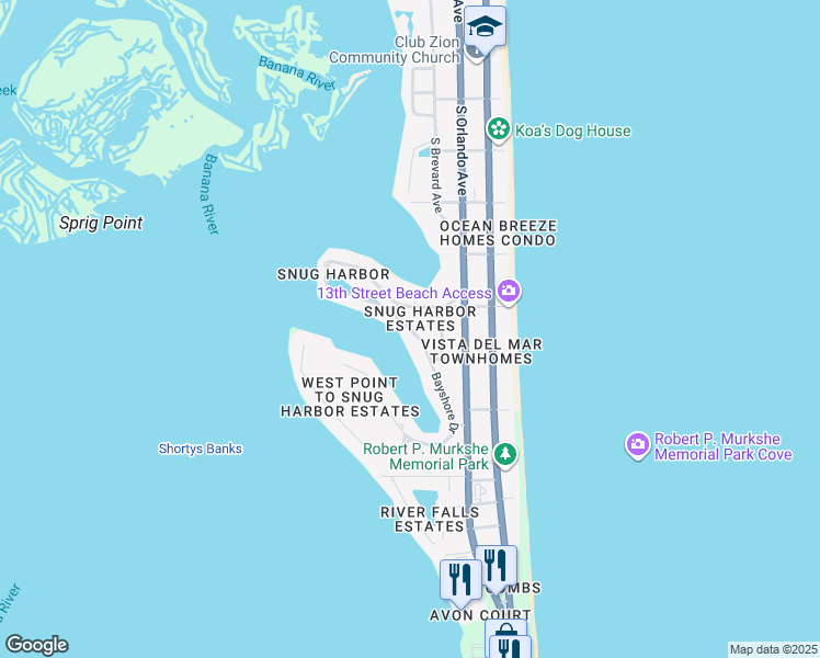 map of restaurants, bars, coffee shops, grocery stores, and more near 1335 Bayshore Drive in Cocoa Beach