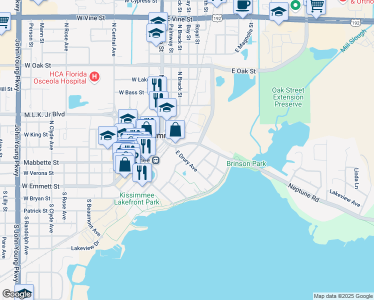 map of restaurants, bars, coffee shops, grocery stores, and more near 219 East Drury Avenue in Kissimmee
