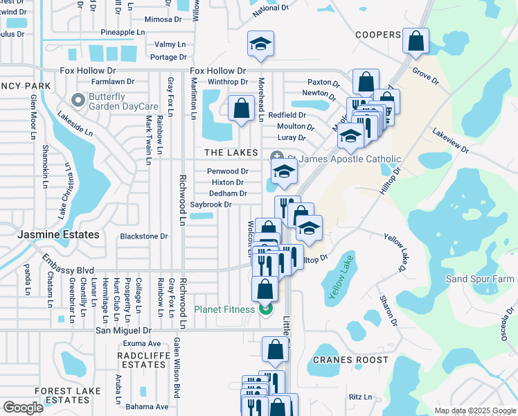 map of restaurants, bars, coffee shops, grocery stores, and more near 9427 Morehead Lane in Port Richey