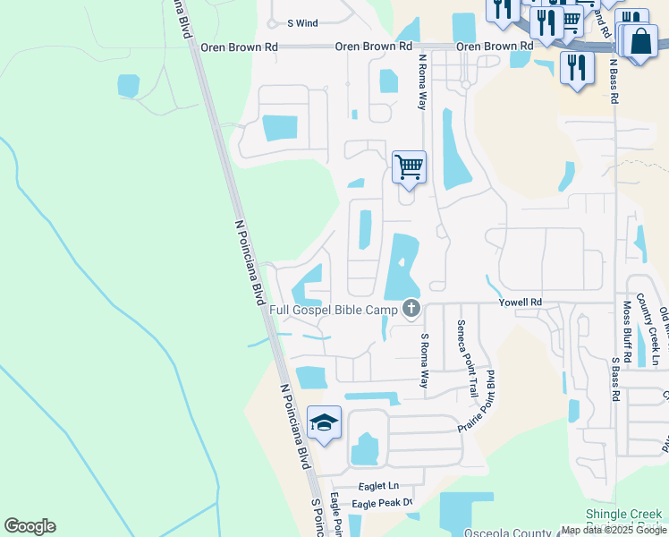 map of restaurants, bars, coffee shops, grocery stores, and more near 129 Pompano Beach Drive in Kissimmee