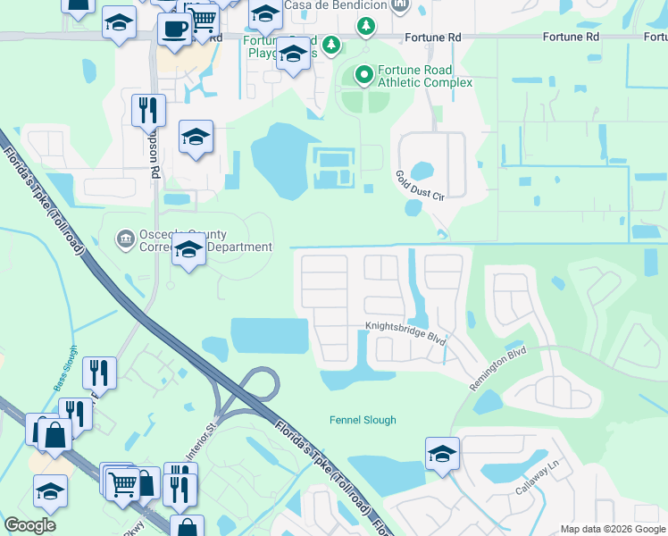 map of restaurants, bars, coffee shops, grocery stores, and more near 2429 Ruddenstone Way in Kissimmee