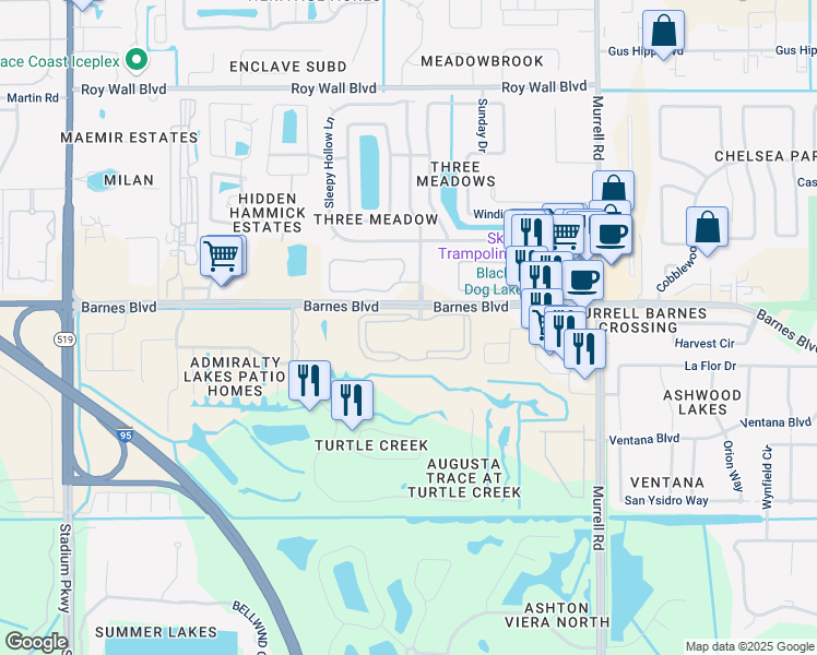 map of restaurants, bars, coffee shops, grocery stores, and more near 1626 Peregrine Circle in Rockledge