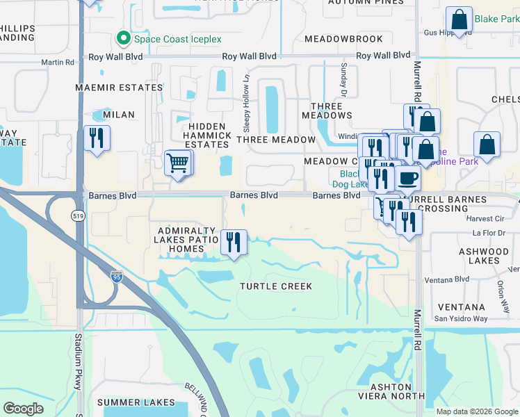 map of restaurants, bars, coffee shops, grocery stores, and more near 3848 Lexmark Lane in Rockledge