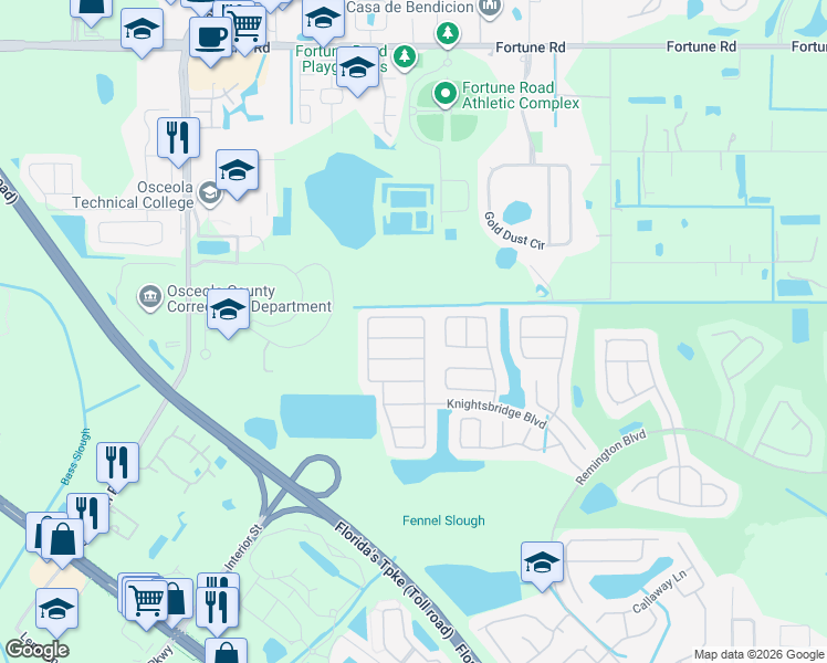 map of restaurants, bars, coffee shops, grocery stores, and more near 2429 Ruddenstone Way in Kissimmee