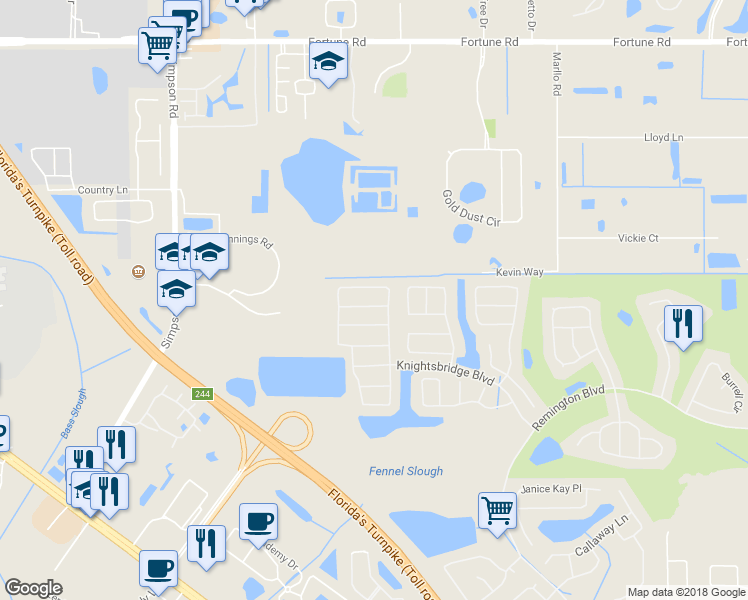 map of restaurants, bars, coffee shops, grocery stores, and more near 2429 Ruddenstone Way in Kissimmee