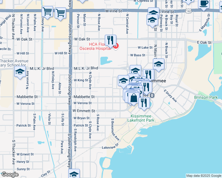 map of restaurants, bars, coffee shops, grocery stores, and more near 516 West Sumner Street in Kissimmee