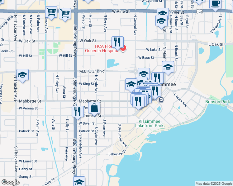 map of restaurants, bars, coffee shops, grocery stores, and more near 622 West Sumner Street in Kissimmee