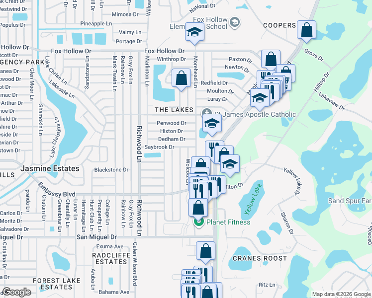 map of restaurants, bars, coffee shops, grocery stores, and more near 9433 Wolcott Lane in Port Richey