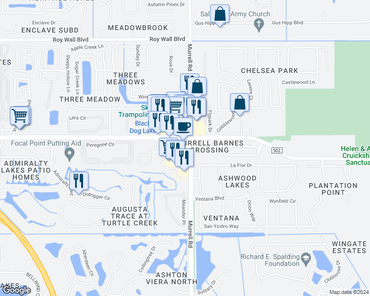 map of restaurants, bars, coffee shops, grocery stores, and more near 3800 Murrell Road in Rockledge