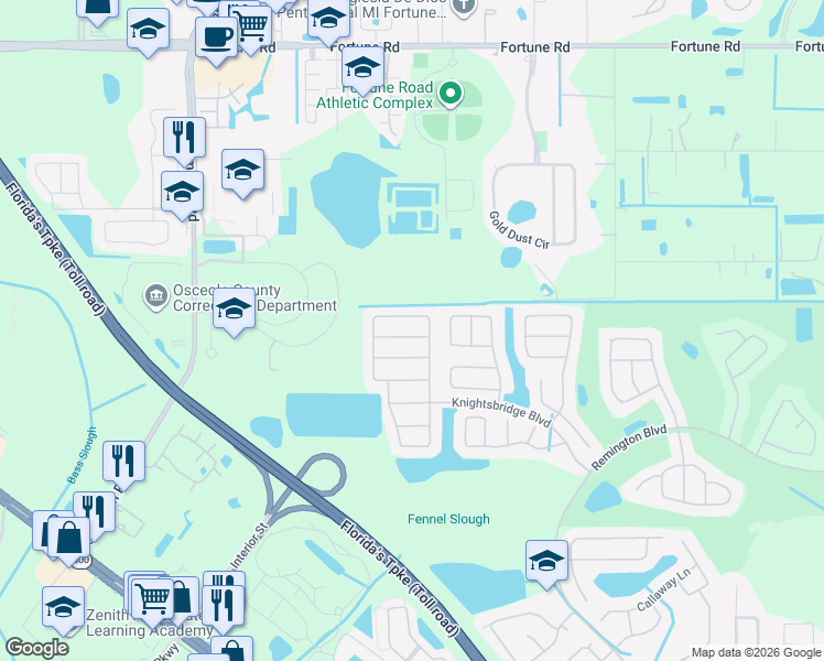 map of restaurants, bars, coffee shops, grocery stores, and more near 2429 Ruddenstone Way in Kissimmee