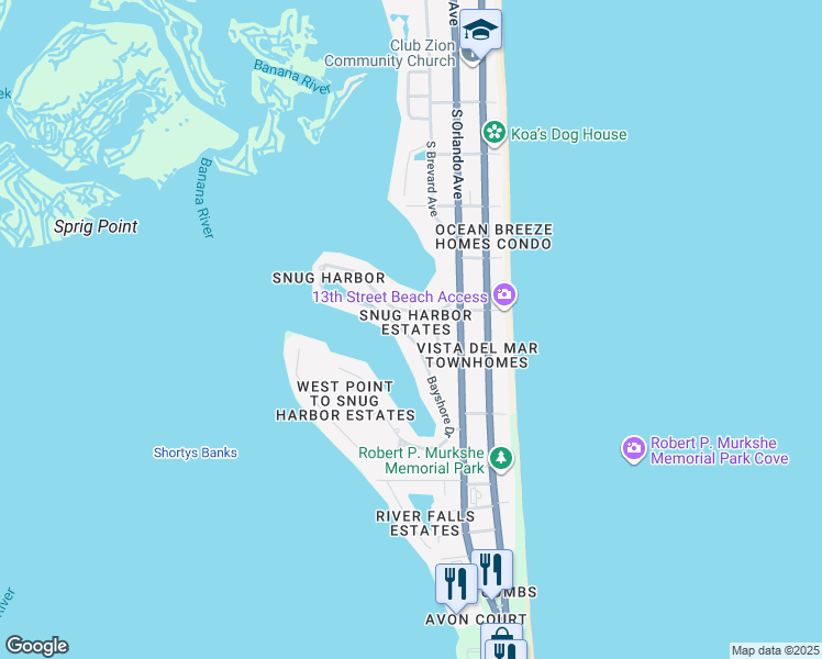 map of restaurants, bars, coffee shops, grocery stores, and more near 1335 Bayshore Drive in Cocoa Beach