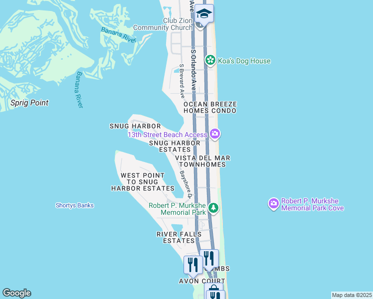 map of restaurants, bars, coffee shops, grocery stores, and more near 1335 Palmer Court in Cocoa Beach