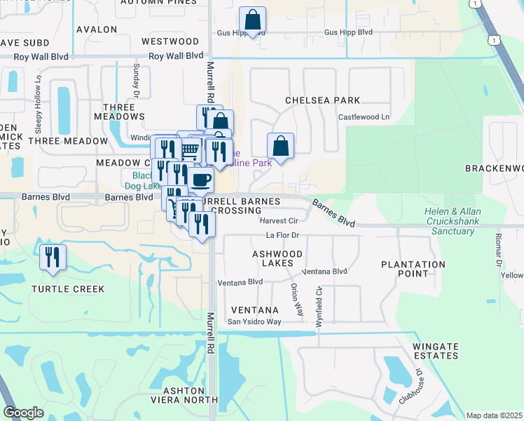 map of restaurants, bars, coffee shops, grocery stores, and more near 4115 Harvest Circle in Rockledge