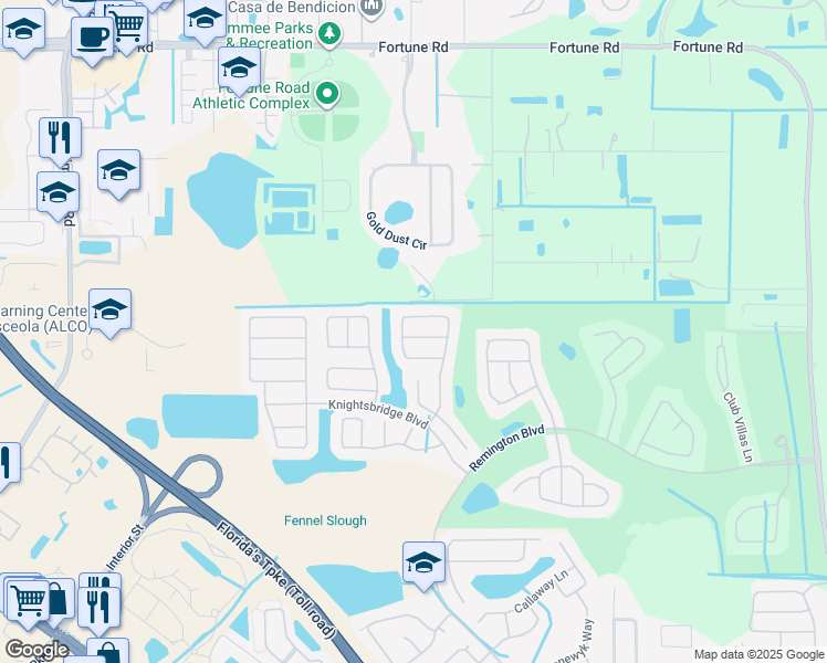 map of restaurants, bars, coffee shops, grocery stores, and more near 2503 Balmoral Drive in Kissimmee