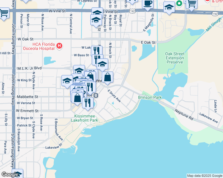 map of restaurants, bars, coffee shops, grocery stores, and more near 219 East Drury Avenue in Kissimmee