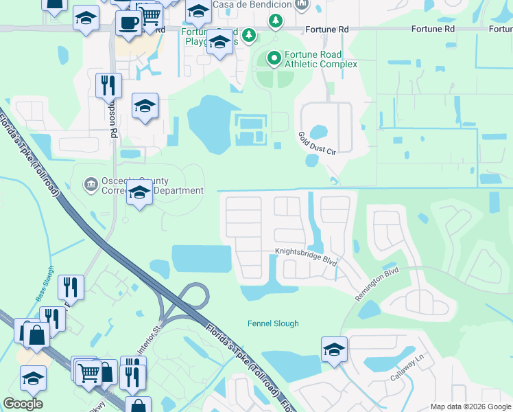 map of restaurants, bars, coffee shops, grocery stores, and more near 2429 Ruddenstone Way in Kissimmee