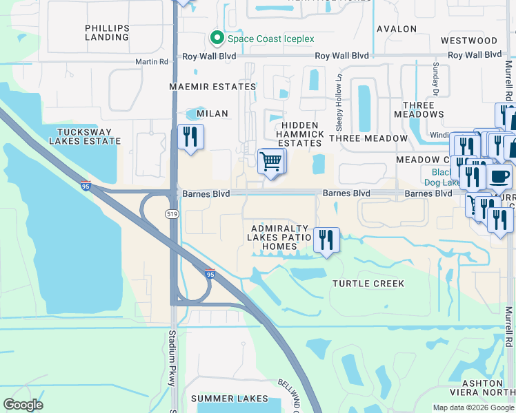 map of restaurants, bars, coffee shops, grocery stores, and more near 3848 Lexmark Lane in Rockledge