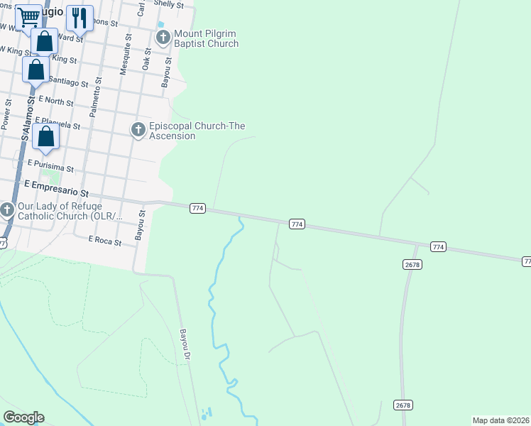 map of restaurants, bars, coffee shops, grocery stores, and more near 139 Farm to Market Road 774 in Refugio