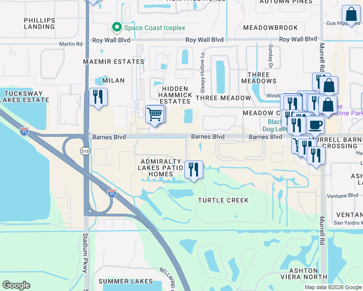 map of restaurants, bars, coffee shops, grocery stores, and more near 1203 Admiralty Boulevard in Rockledge