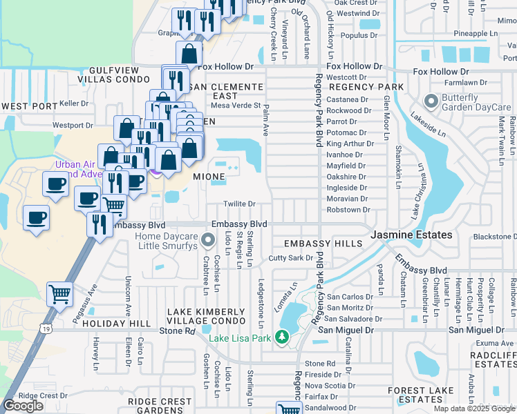 map of restaurants, bars, coffee shops, grocery stores, and more near 9425 Ledgestone Lane in Port Richey