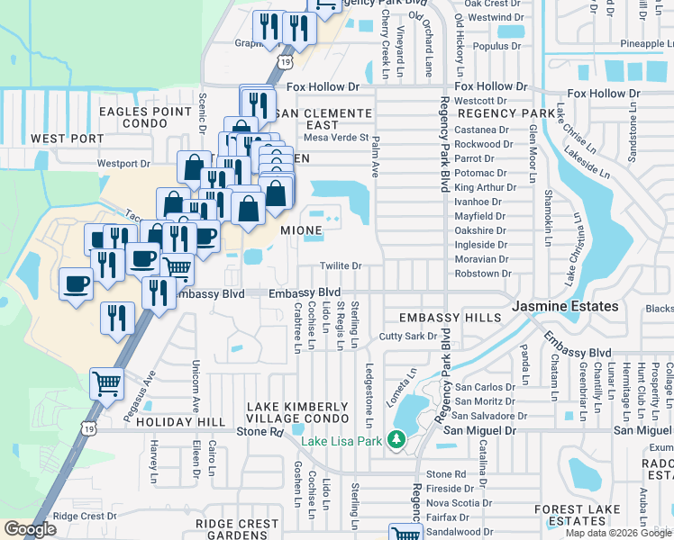 map of restaurants, bars, coffee shops, grocery stores, and more near 9425 Saint Regis Lane in Port Richey