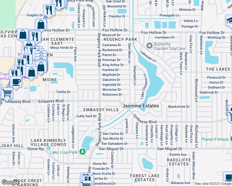 map of restaurants, bars, coffee shops, grocery stores, and more near 7315 Robstown Drive in Port Richey