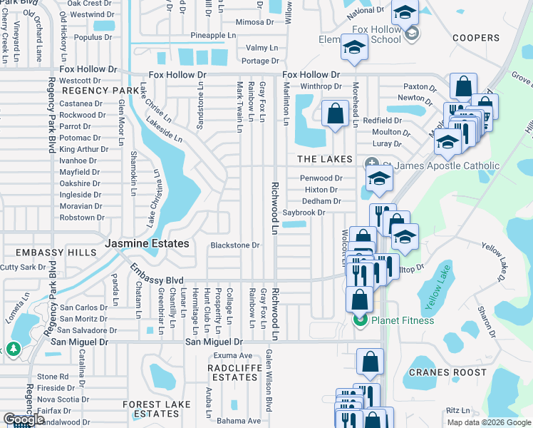 map of restaurants, bars, coffee shops, grocery stores, and more near 9426 Gray Fox Lane in Port Richey