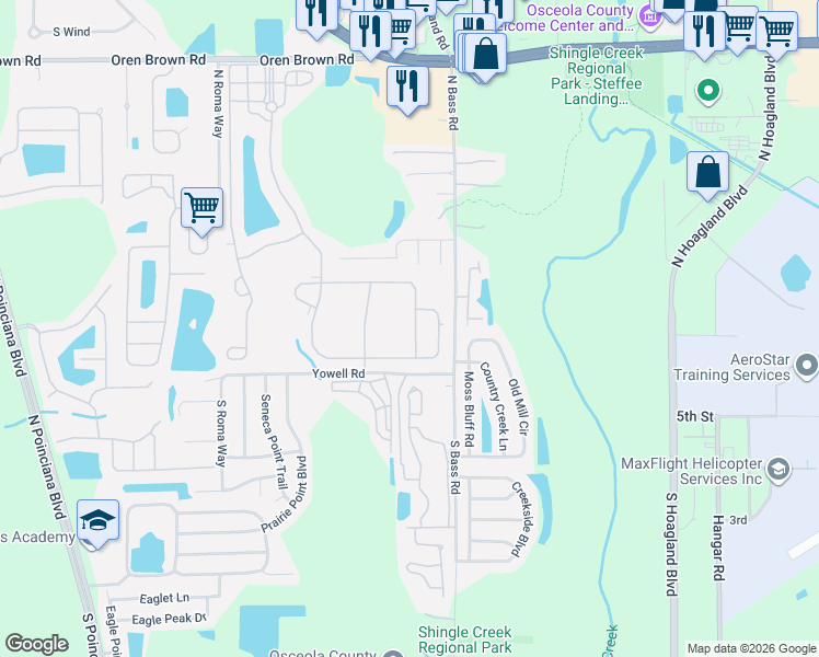 map of restaurants, bars, coffee shops, grocery stores, and more near 4444 Yowell Road in Kissimmee