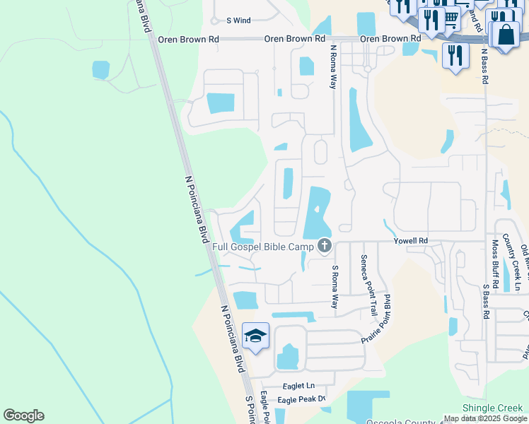 map of restaurants, bars, coffee shops, grocery stores, and more near 129 Pompano Beach Drive in Kissimmee