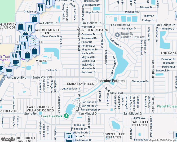 map of restaurants, bars, coffee shops, grocery stores, and more near 7315 Robstown Drive in Port Richey