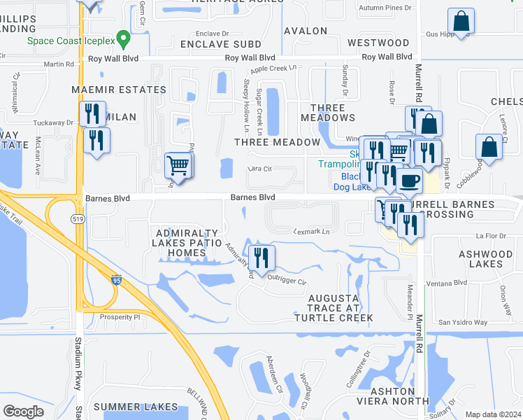 map of restaurants, bars, coffee shops, grocery stores, and more near 3848 Lexmark Lane in Rockledge