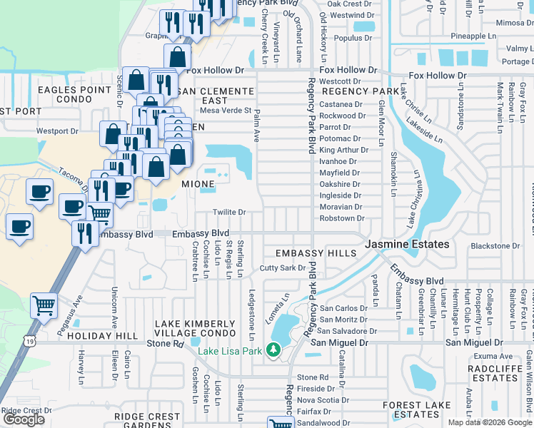 map of restaurants, bars, coffee shops, grocery stores, and more near 9426 Weeping Willow Lane in Port Richey